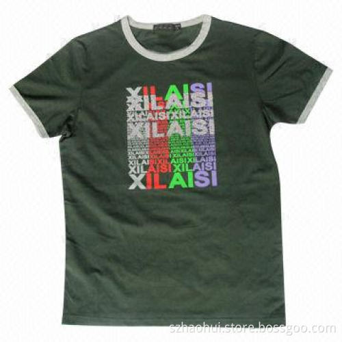 Army Green Round Neck Cotton T-shirt with Water Print, Heat-transfer Print Decorations